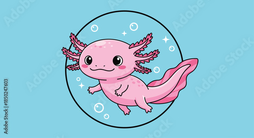 Adorable pink axolotl swimming in bubbles inside a circular blue frame with sparkling stars around its underwater environment.