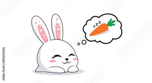 Sweet white bunny rabbit sleeping peacefully while dreaming of a crunchy orange carrot in a thought bubble during a deep nap.