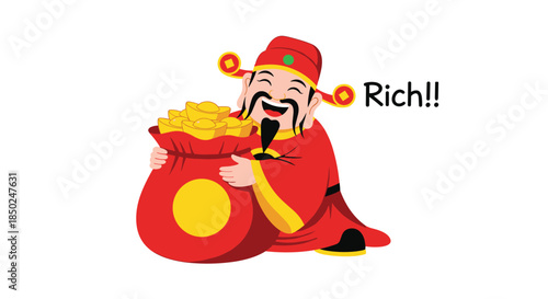 Joyful chinese god of wealth caishen hugging a big red bag filled with golden ingots for good fortune and prosperity luck.