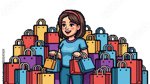 Woman surrounded by many colorful shopping bags holding two