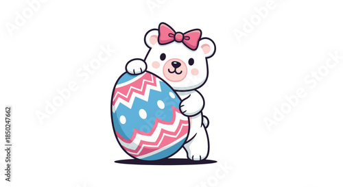 Adorable white bear character with a pink bow holding a colorful decorated easter egg with chevron and polka dot patterns.
