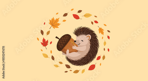 Cute little hedgehog hugging a large acorn while surrounded by a circular wreath of colorful autumn leaves in a forest.