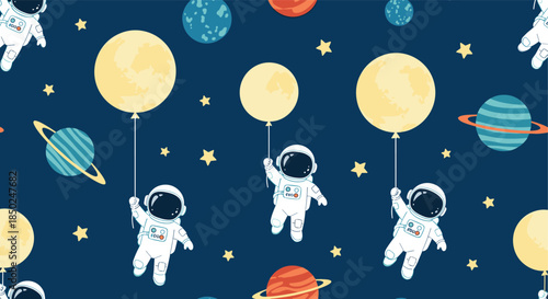 Fun seamless pattern of little astronauts floating in space while holding bright yellow moon balloons among planets and stars.