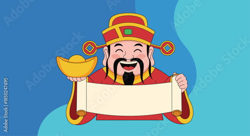 Smiling chinese god of wealth caishen holding a golden ingot and a blank white scroll for traditional new year greetings.
