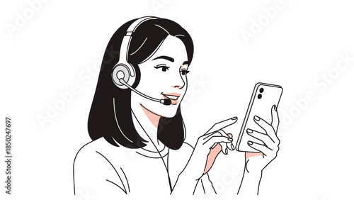 Woman wearing headset holding smartphone and pointing