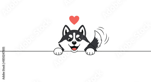 Friendly husky puppy peeking over a horizontal line with a red heart symbol above its head on a clean white background.