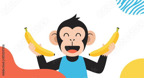 Cheerful monkey wearing a blue vest holding two yellow bananas while smiling happily on a modern abstract background.