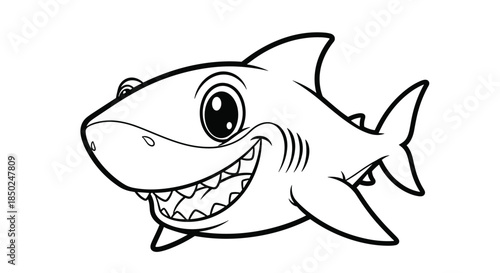 Cute baby shark with a big toothy grin swimming forward in a simple black and white line art style illustration for kids.