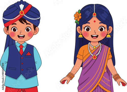 Cartoon Indian boy and girl in traditional festive attire on white background child children