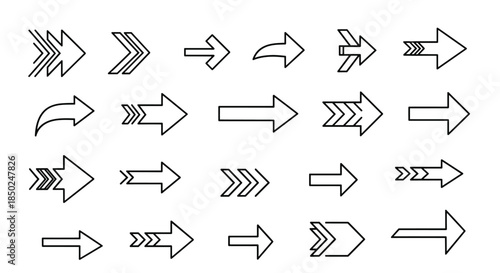 Diverse collection of twenty black and white outline arrows in various styles and shapes for graphic design projects and icons.