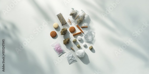 Light background showing illegal substances such as tobacco, weed, MDMA, amphetamine, and heroin in plastic bags, highlighting drug trade hazards