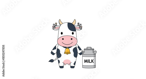 Adorable spotted cow wearing a floral crown and a bell standing next to a large vintage metal milk can container.