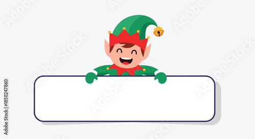 Joyful Christmas elf with a green hat and red trim peeking over a long horizontal blank white banner template for text.