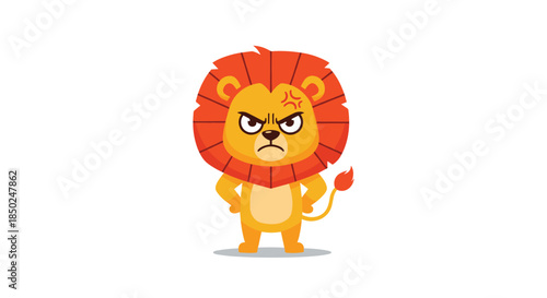 Grumpy lion character with an angry expression and arms on hips standing proudly on a simple plain white background.
