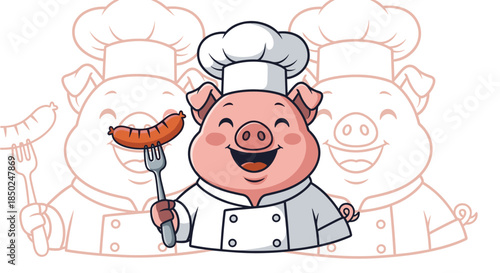 Happy pig chef in a white uniform and hat holding a grilled sausage on a fork with faint outlines in the background.