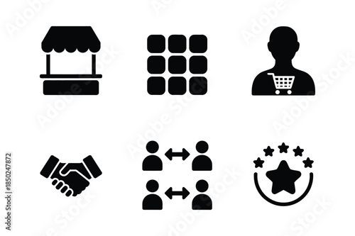 Icons representing business concepts: storefront, grid, customer, handshake, people interaction, rating.