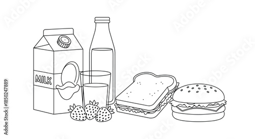 Line art illustration of breakfast items including a milk carton water bottle strawberries a sandwich and a burger.