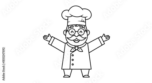 Outline drawing of a happy chef character with a mustache and glasses welcoming everyone with wide open arms and a smile.