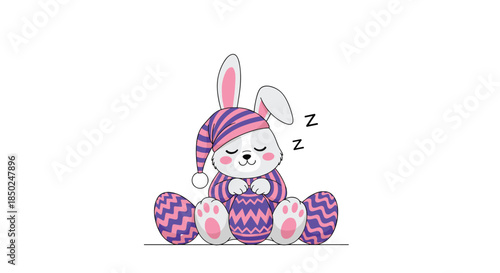 Adorable white bunny wearing striped pajamas and a nightcap sleeping peacefully next to decorated Easter eggs.