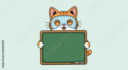 Cute orange tabby cat wearing a blue sleeping mask while holding a blank green chalkboard for your custom text.