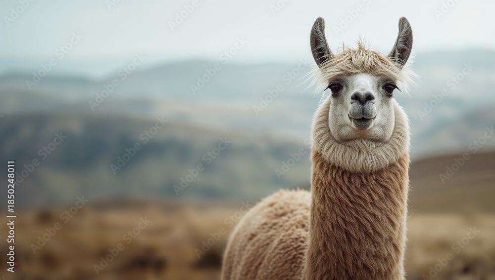 Fototapeta premium Wild llama standing amidst rocky landscape, highlighting conservation and erosion risk