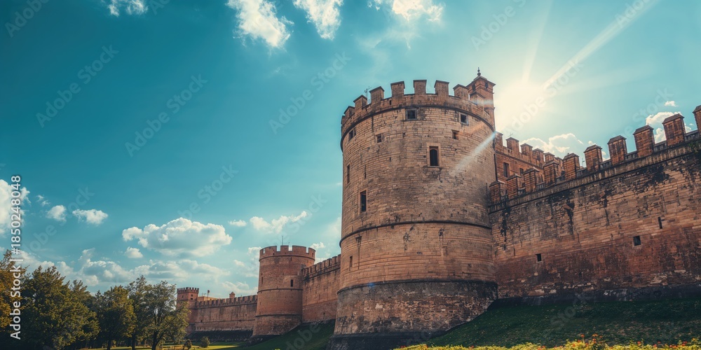 Fototapeta premium Ancient brick fortress walls with sky backdrop, city architecture, leisure travel, vacation atmosphere