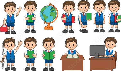 Cartoon school children in uniform with books globe and computer Keywords: boy, child, school, education, uniform, student