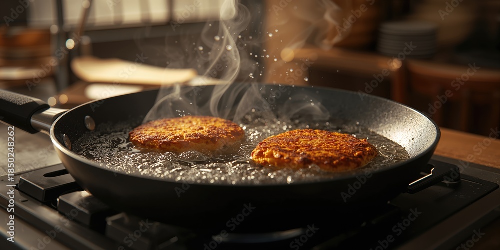 Fototapeta premium Golden-brown patties cooking in bubbling oil, illustrating the texture and preparation process in a culinary setting