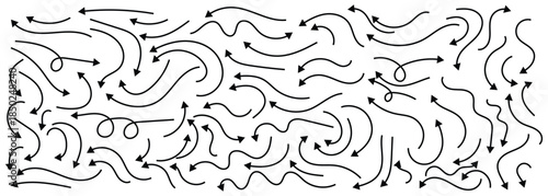 A group of hand-drawn thin doodle arrows set for different directions, symbols, and designs. Isolated on a white background.