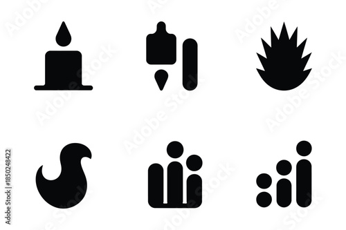 Abstract black icons: candle, flame, oil lamp, feather, family group, speech bubbles.