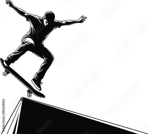 Dynamic black and white skateboarder silhouette performing aerial trick on urban ramp, extreme sports vector illustration capturing motion, balance, street culture, and youthful energy