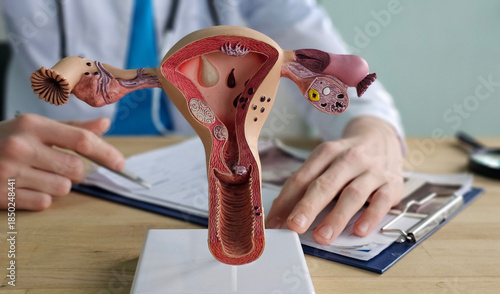Model of female reproductive system used for education in a medical setting