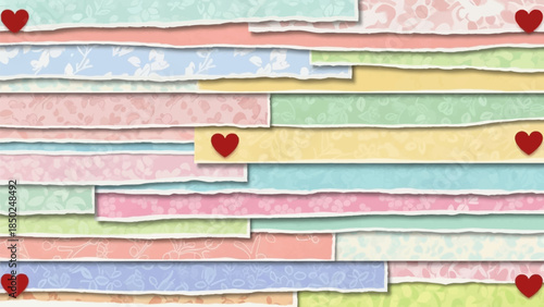 Vibrant pastel colored paper strips with red hearts
