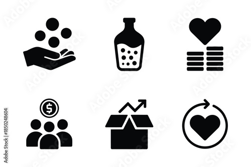 Icons related to charity and giving: hand holding coins, bottle, stacked coins, heart, group, box, recycle.