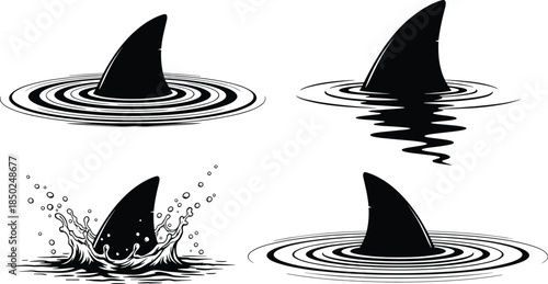 Black and white shark fin illustrations emerging from water, dramatic ocean surface ripples and splashes, minimal vector silhouettes symbolizing danger, mystery, and marine wildlife