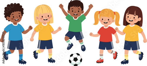 Diverse group of cartoon children playing soccer with a ball on white background kids boys