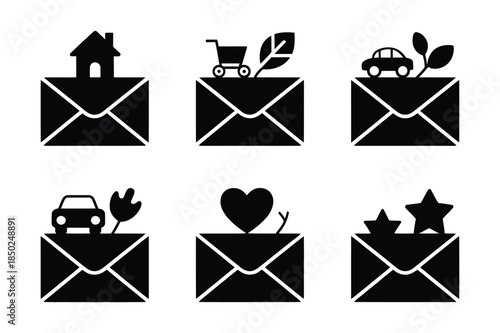 Envelopes with icons representing concepts like home, shopping, car, nature, love, and success.