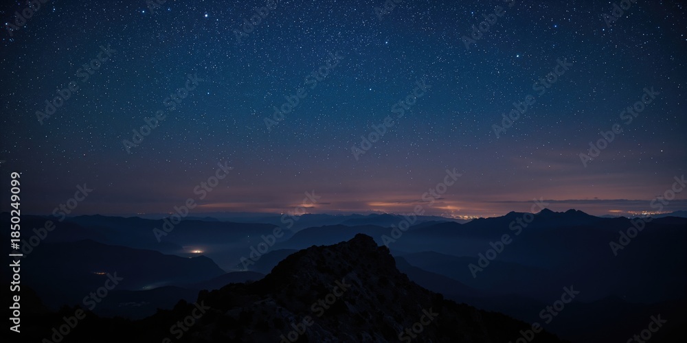 Fototapeta premium Mountain landscape at night highlighting rugged terrain and starry sky, ideal for scenic backdrop use