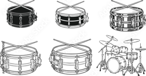 Detailed black and white drum set and snare drum vector illustrations showcasing percussion instruments, line art design, musical equipment collection for music education and graphics