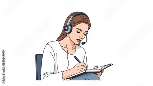 Woman wearing headset writing in a notebook