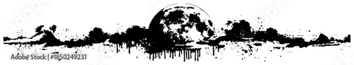 Grunge full moon and clouds horizontal border with black ink splatter texture