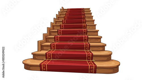 Wooden stairs with red carpet and gold trim