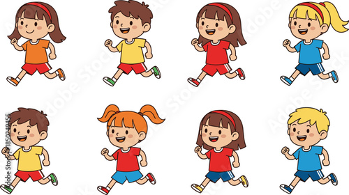 Eight Cartoon Children of Different Genders and Hair Colors Running in a Row kids boys