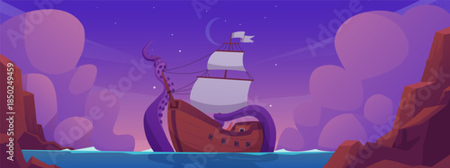 Underwater monster trying to bring down wooden ship stretching tentacles over the ocean water surface vector illustration