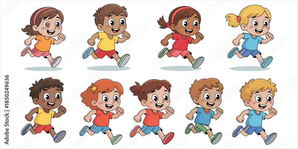 Fototapeta premium Eight Diverse Cartoon Children Running In Two Rows On White Background Keywords: children, kids, running, race, sport, activity