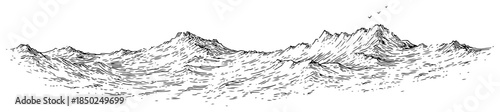 Hand drawn panoramic mountain landscape in engraving style