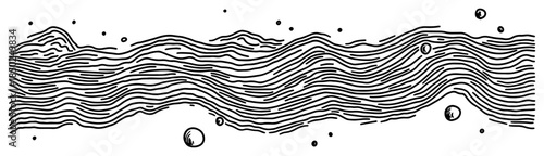 Abstract flowing river stream with bubbles in linear engraving style