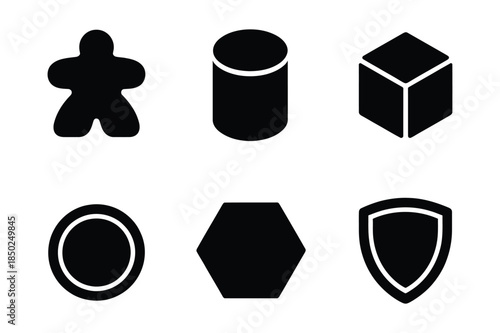 Game piece and geometric shape icons: meeple, cylinder, cube, circle, hexagon, shield.
