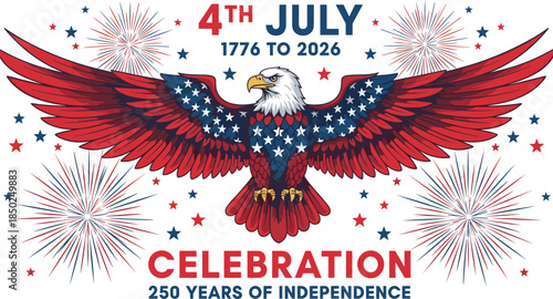 4th of July American independence celebration illustration with patriotic bald eagle, fireworks, stars, red white blue colors, 250 years freedom design