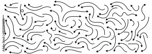 Set of simple thin line hand-drown curve doodle arrows in various style. Isolated on white background.